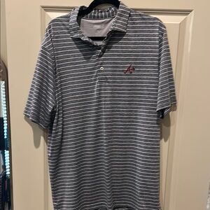 Men's grey and white striped Johnnie o Braves polo. Large